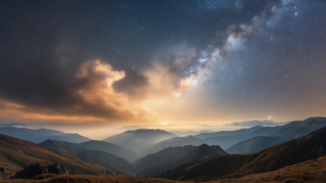 Warm nebula cloudscape glowing through soft haze with delicate flare reflections and peaceful depth