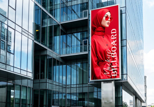 Vertical outdoor billboard mockup on modern glass building facade