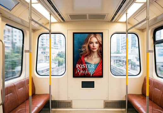 Vertical poster mockup inside modern subway train car