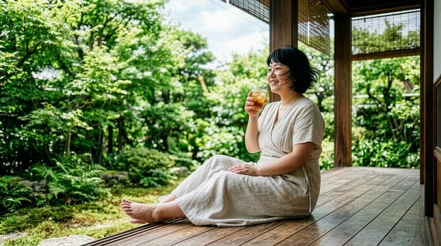 日本庭園を眺めながら縁側でくつろぐ日本人女性