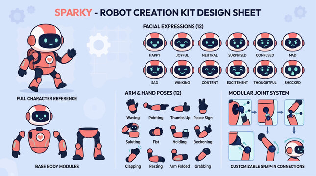 Robot Creation Kit Design Sheet with Character Reference, Facial Expressions, Arm Poses, and Modular Joints, Flat Vector Illustration