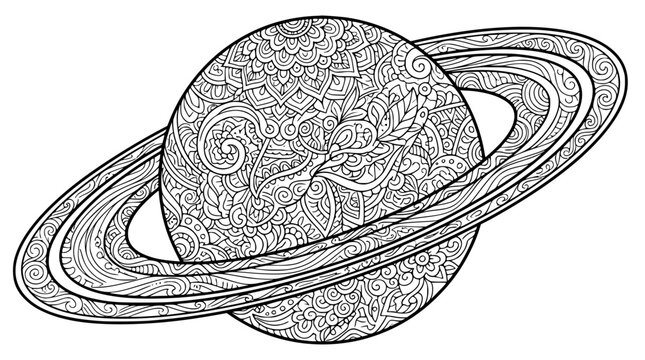 Detailed Saturn Planet Mandala Illustration for Adult Coloring Page