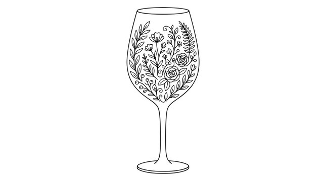 Line Art Wine Glass with Floral and Botanical Doodle Design for Coloring