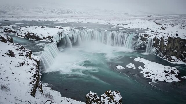Spectacular aerial drone shot of mighty Godafoss waterfall in North Iceland during icy winter day. Famous landmark, Untouched arctic landscape