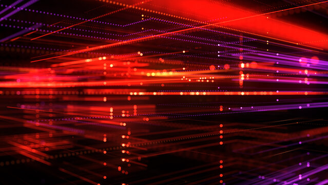 Dynamic red and purple digital background featuring futuristic perspective lines, glowing network connections, cyber communication elements, and advanced technology aesthetics.