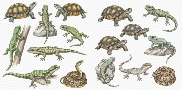 Collection of various reptiles including tortoises, lizards, and snakes, illustrated on a transparent background.