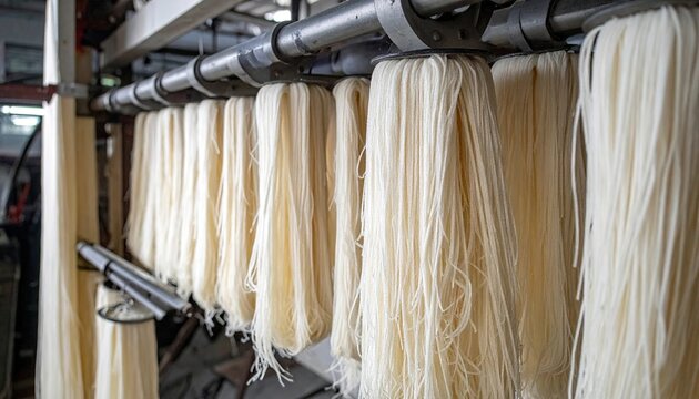 Suspended strands hang, flowing like silk from metal pipes in a processing environment