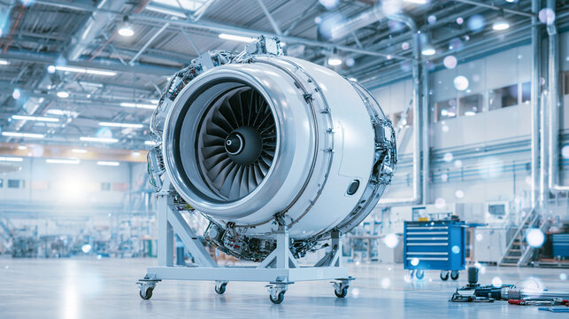 nacelle. A large aircraft engine nacelle mounted on a stand inside an industrial hangar. safety posters, maintenance manuals, designed for industrial assembly lines and welding operations.