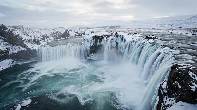 Spectacular aerial drone shot of mighty Godafoss waterfall in North Iceland during icy winter day. Famous landmark, Untouched arctic landscape