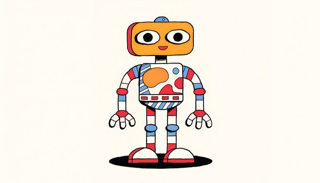 Retro pixel art style robot character standing on white background with isolated