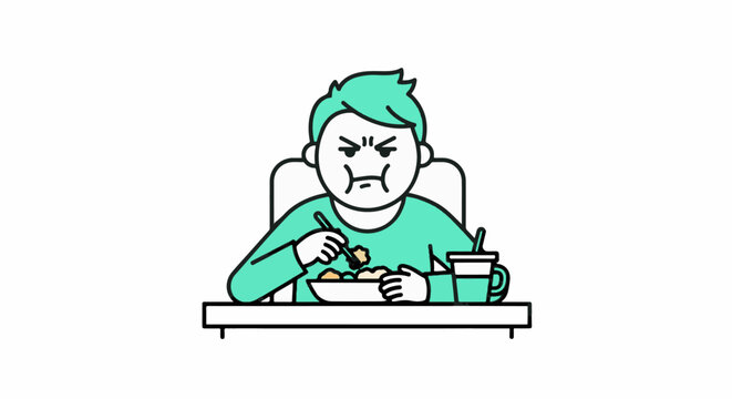 Frustrated cartoon boy struggling with homework and snack.