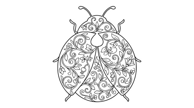 Intricate Floral Ladybug Line Art Coloring Page for Adults