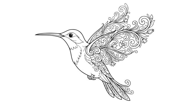 Intricate Floral Hummingbird Line Art for Adult Coloring Book