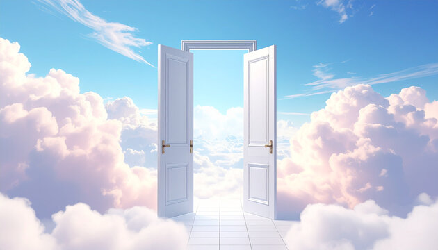 Heavenly white doors open to cloudy sky and sunshine