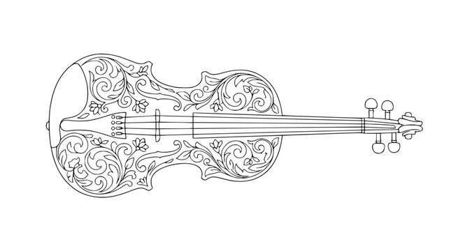 Violin with intricate floral patterns line art illustration for coloring book