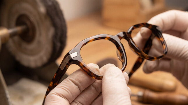 Hands in gloves meticulously polish classic tortoise shell eyeglass frames. Precision craftsmanship in an optical workshop