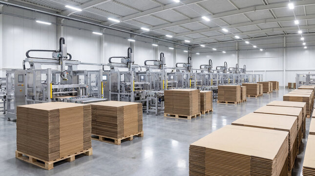Modern industrial factory featuring automated packaging machines and stacked cardboard boxes, illustrating efficient production