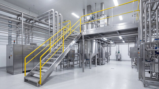 Modern industrial facility clean room interior featuring stainless steel pipes, tanks, and manufacturing equipment