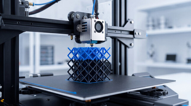 A modern 3D printer actively building a complex geometric object with blue filament through additive manufacturing technology