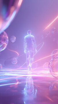 Glowing virtual human on tech stage, holographic body, teal and neon purple light, floating abstract shapes, 3D artwork with copy space for stream covers, tech branding, social media.
