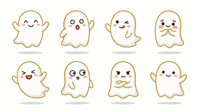 Set of 8 Cute Cartoon Ghosts with Various Expressions, Flat Design Vector Illustration, Halloween Characters