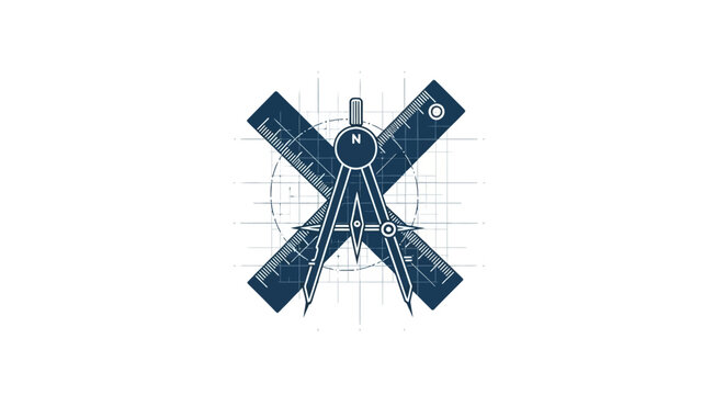 A technical drawing compass placed over a crossed ruler icon on a white background