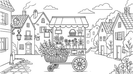 Obraz premium Flower Cart in a Quaint Village Street Coloring Page for Adults and Kids