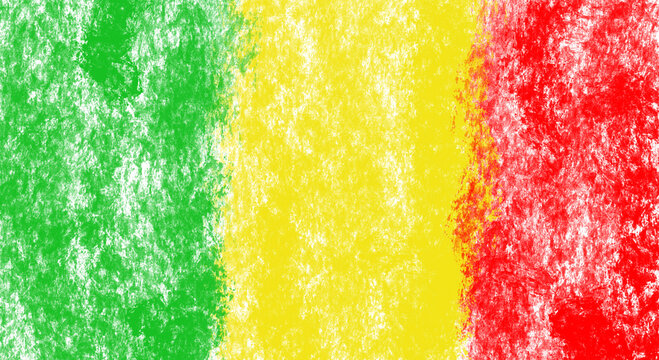 Artistic hand drawn flag of Mali with green yellow and red vertical stripes. African national symbol sketched in a rough crayon texture style. Isolated PNG cutout graphic element.