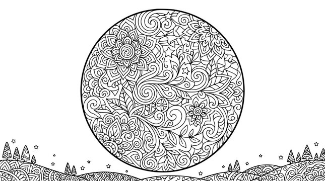 Intricate Full Moon Mandala Landscape Coloring Page for Adults