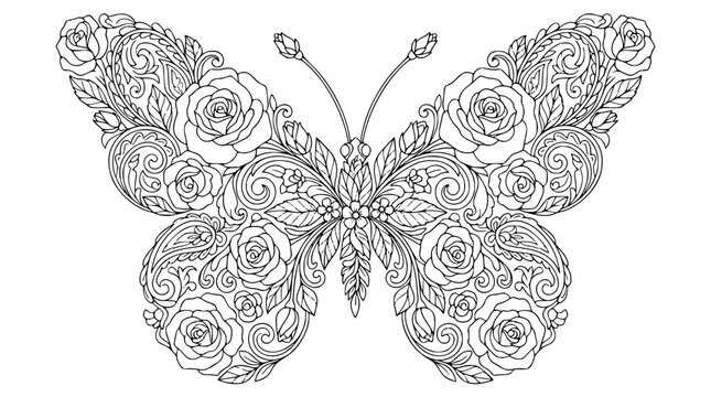 Intricate Floral Butterfly Coloring Page with Roses and Swirls