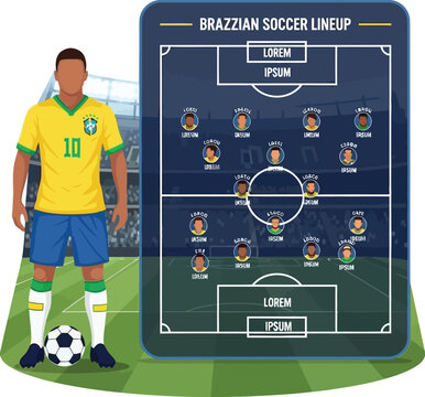 Brazilian soccer player with tactical formation board illustration
