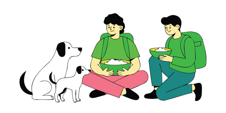 People feeding stray dogs during travel vector illustration.