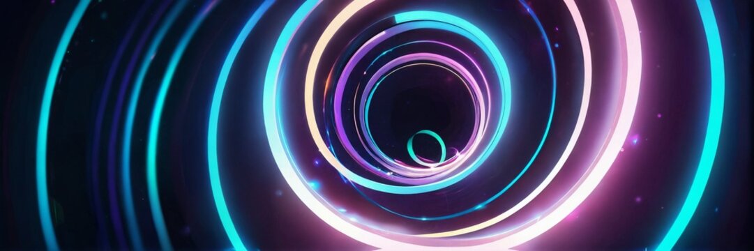 Swirling starlight spiral ring with fluttering luminous neon bokeh particles in deep space
