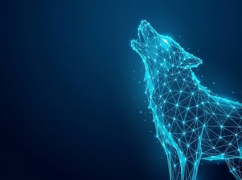 A howling wolf created from a digital network of glowing lines and nodes. flag day usa with abstract technology connected wildlife predator innovation communication. flag day usa