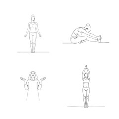 Obraz premium Collection of minimalist yoga illustrations including mountain pose tree pose and prayer.
