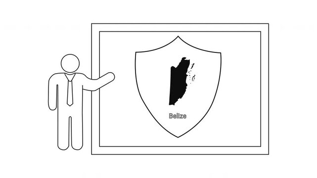 Presentation of Belize map inside a shield on a whiteboard by a person icon.
