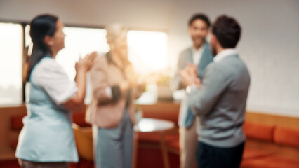 Clapping, success and business people in office for celebration, goal or achievement at startup. Applause, meeting and circle in blur with congratulations, together and well done at creative agency
