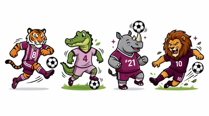 Naklejka premium Cute Cartoon Animal Soccer Players, Tiger, Crocodile, Rhinoceros, Lion, Playing Football, Isolated on White Background, Vector Illustration