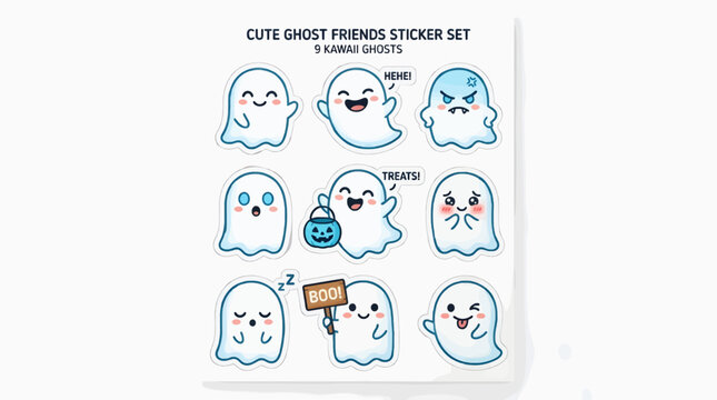 Cute Kawaii Ghost Sticker Set with 9 Characters, Expressing Various Emotions and Actions, Flat Vector Illustration for Halloween and Fun Designs