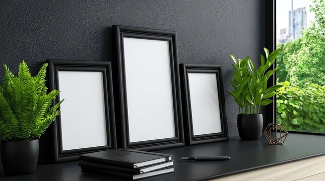 Three blank picture frames lean against a dark wall on a desk, surrounded by green plants, notebooks, and a pen near a window with a view of greenery outside.