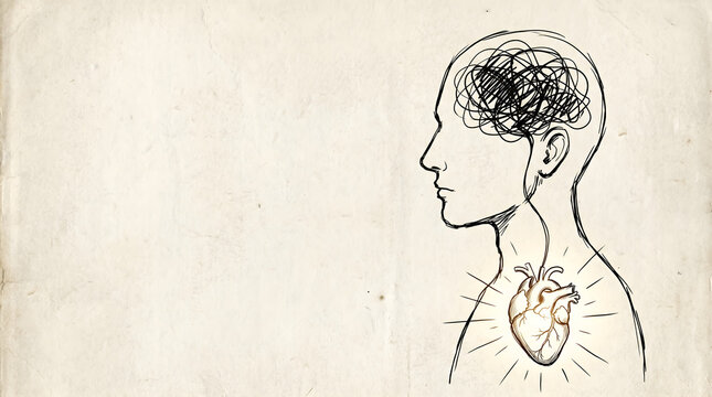 Side profile of a human head with a tangled mind connected to a glowing anatomical heart illustration