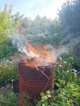 Outdoor fire pit with burning firewood and vivid orange flames . High quality HD footage