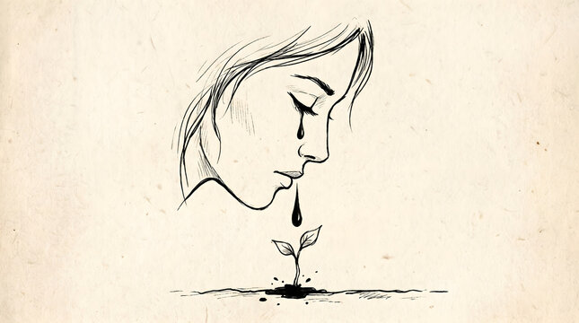 A sketch of a crying woman whose tear falls to nourish a small growing plant from the earth