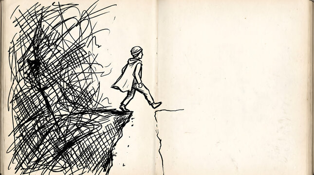 A sketch of a person walking away from chaotic scribbles toward an empty space in a notebook