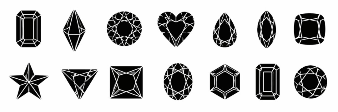 Collection of black gemstone cut silhouettes, showcasing diverse shapes and facets