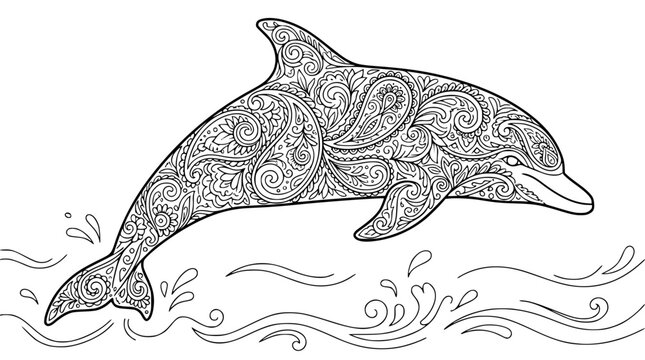 Intricate Dolphin Zentangle Coloring Page with Floral Paisley Patterns and Waves