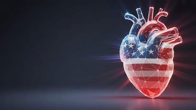 Anatomical human heart rendered as a glowing american flag wireframe model for medical or patriotic themes. flag day usa with american wireframe abstract patriotism. flag day usa