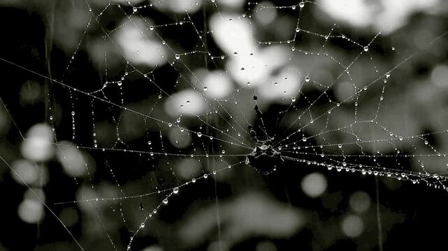 Delicate Spider Web Covered in Sparkling Morning Dew Drops in 4K Cinematic Close Up