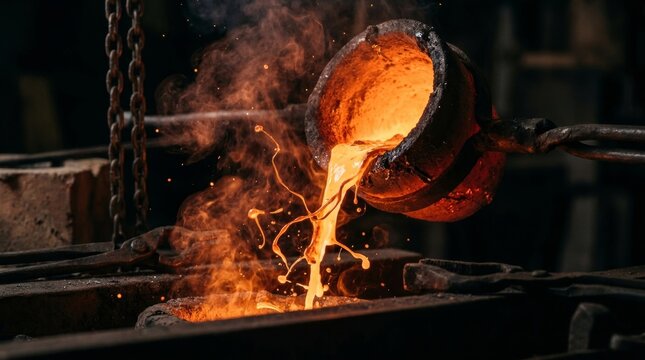 Dynamic shot of molten orange metal pouring from crucible in dark forge