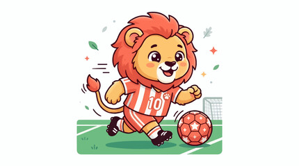 Fototapeta premium Cute Cartoon Lion Playing Soccer on Green Field, Wearing Striped Jersey with Number 10, Kicking Ball Towards Goal, Fun Animal Illustration with Leaves and Stars